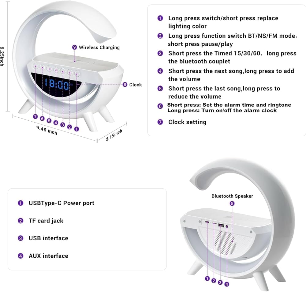 Lampe LED Multifonction – Horloge, Chargeur Sans Fil & Enceinte Bluetooth 🎶💡