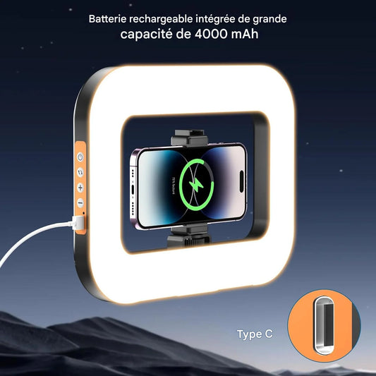 Ring Light Rectangulaire Sans Fil 4000 mAh + Support Téléphone