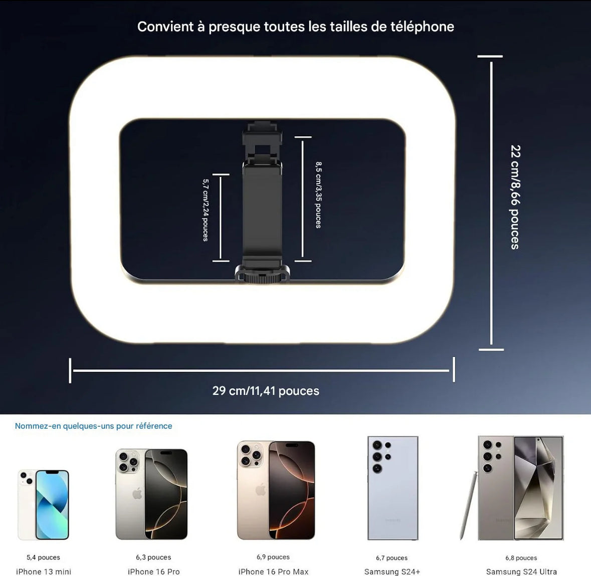Ring Light Rectangulaire Sans Fil 4000 mAh + Support Téléphone
