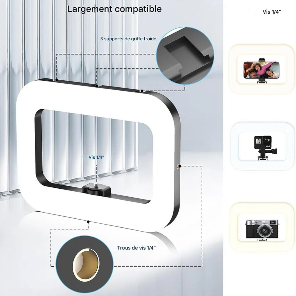 Ring Light Rectangulaire Sans Fil 4000 mAh + Support Téléphone