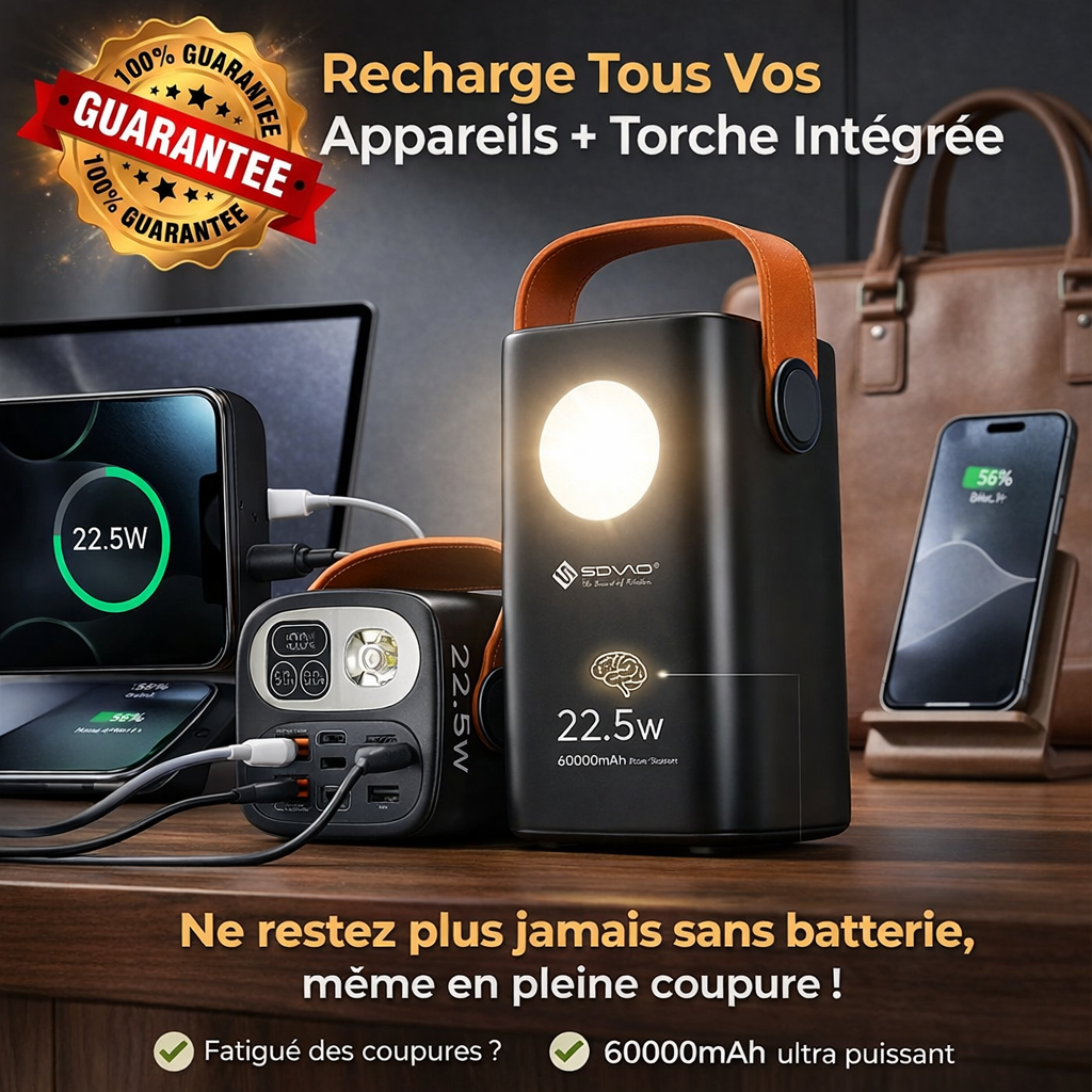 🔋 Power Bank 60000mAh : recharge tous vos appareils connectés + lampe intégrée ultra pratique